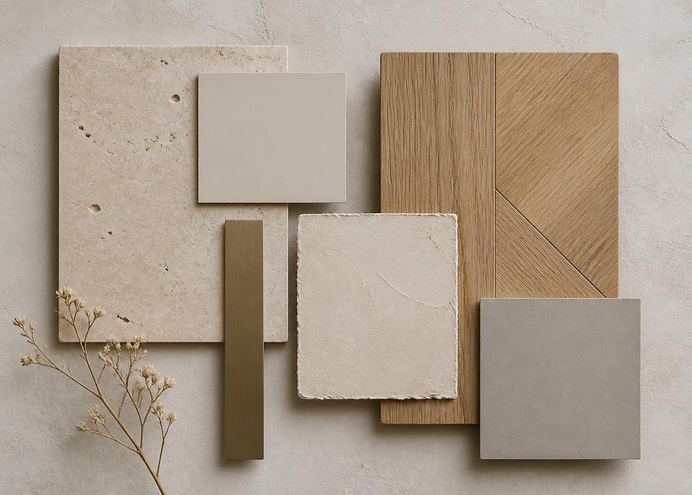 Campioni di travertino, rovere, ceramica e profili metallici