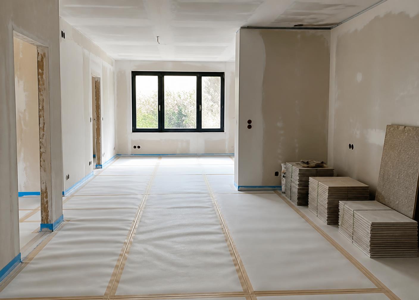 Cantiere ordinato con protezioni e materiali pronti per la posa
