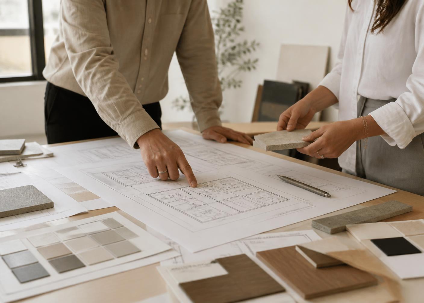 Tavolo di lavoro con disegni tecnici e campioni durante la fase di progettazione